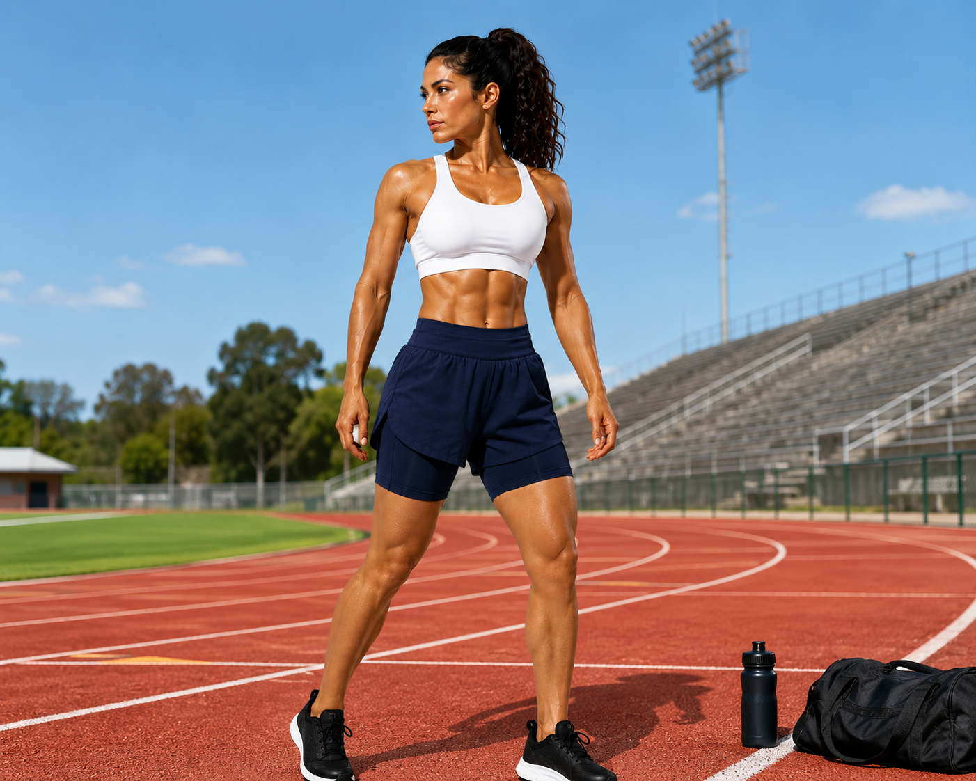 A fit woman stands on an outdoor running track wearing a white sports bra and navy athletic shorts, with stadium seating, trees, and a blue sky in the background. A black water bottle and bag sit on the track beside her.