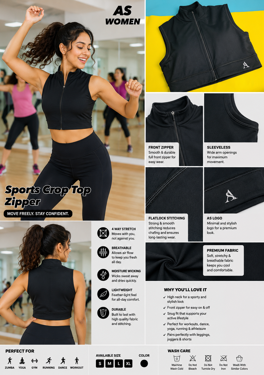 Women’s Sports Crop Top with Front Zipper – High Neck Activewear Top
